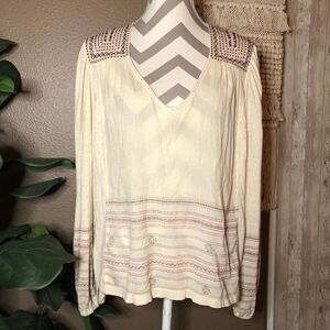 Lucky Brand Beige V-Neck Embroidered Peasant Top